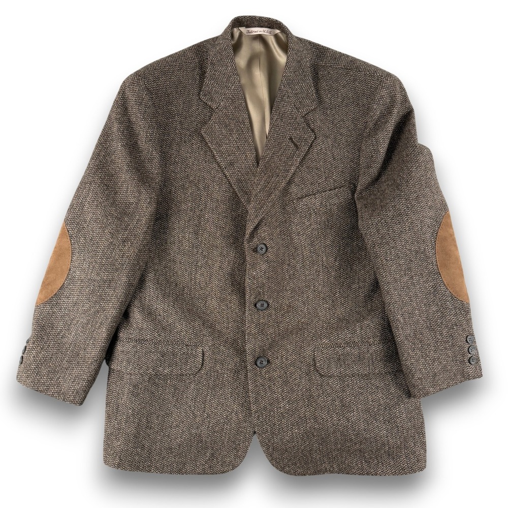 Stafford Blazer Jacket Men 42S Brown Herringbone Elbow Patch Wool Sport Coat USA - Picture 2 of 14